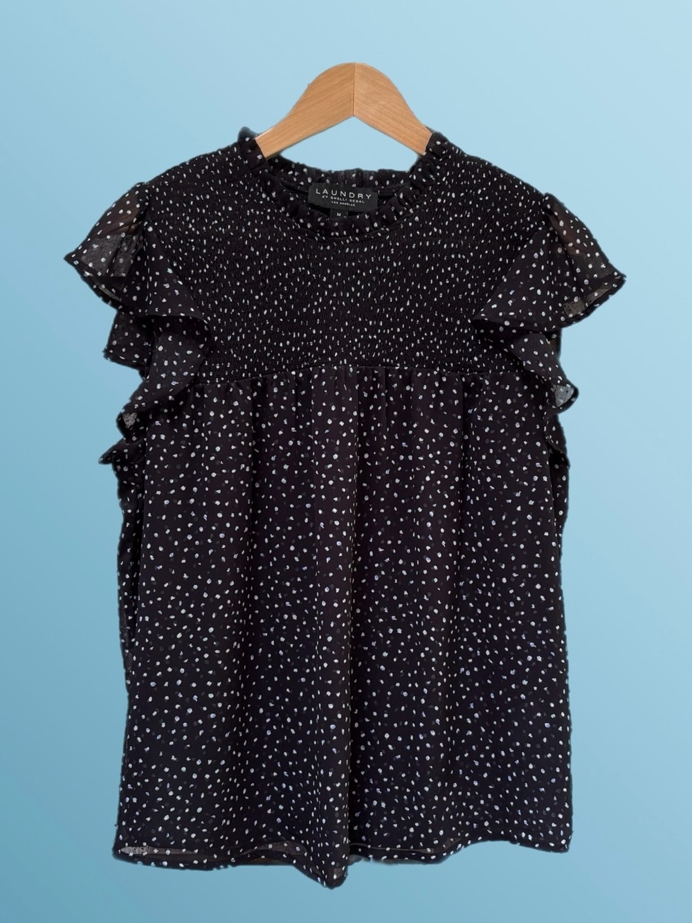 Laundry By Shelli Segal Black with White Dot Ruffle Sleeve Blouse